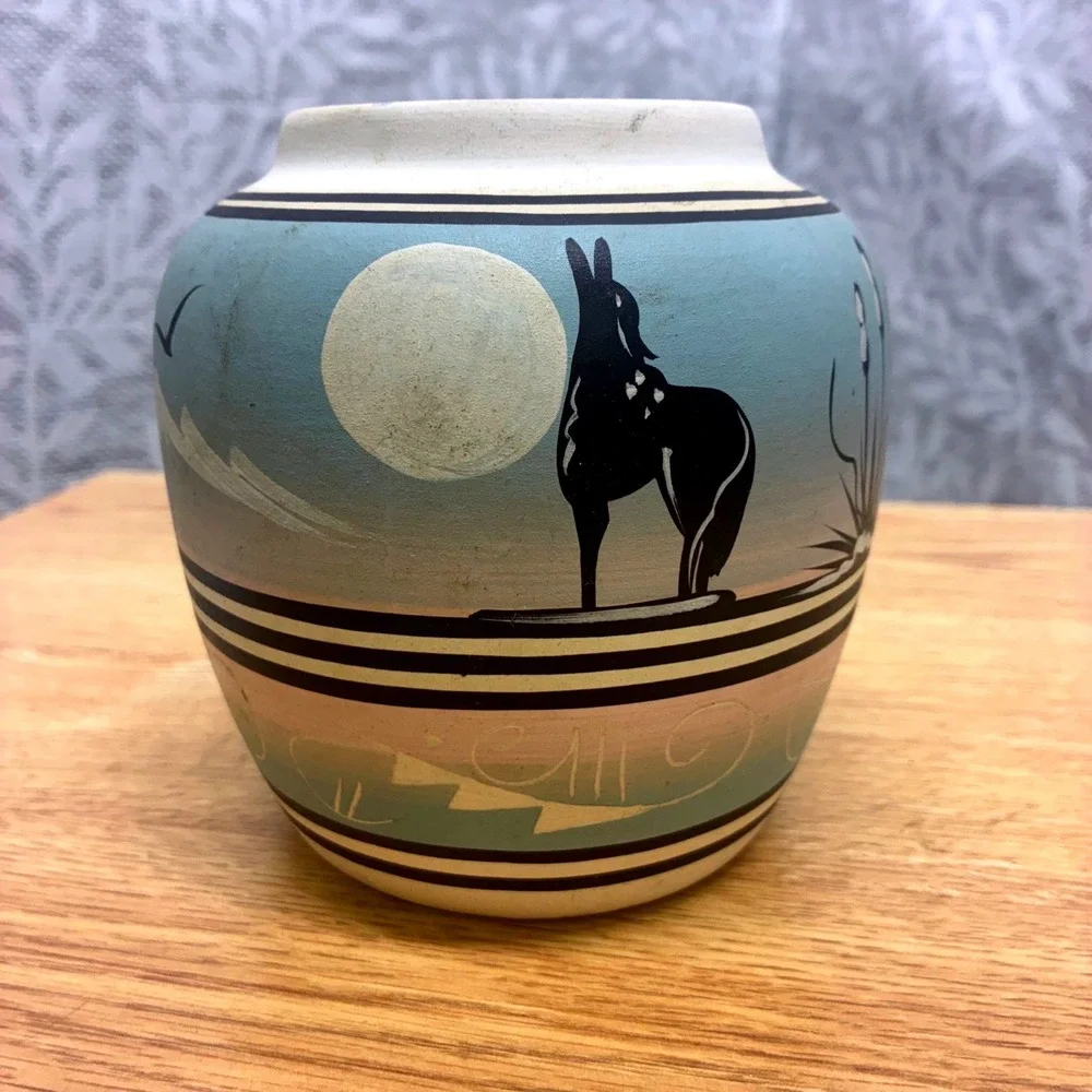 Lyn Navajo Pottery Vase Unisex Small Hand Painted Coyote Moon Desert Landscape